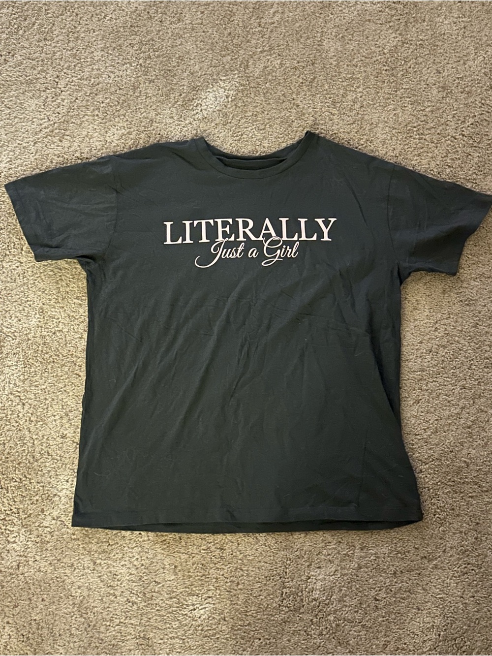 New Charcoal and Baby Pink Graphic Tee with Cute Script “Literally just a girl”